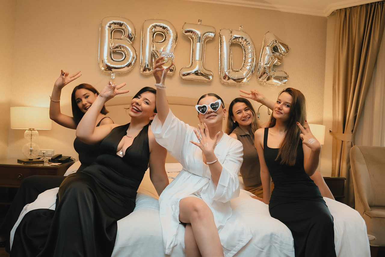 Wedding party celebrating together